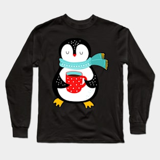 Penguin Cute And Cozy With Tea Christmas Winter Long Sleeve T-Shirt